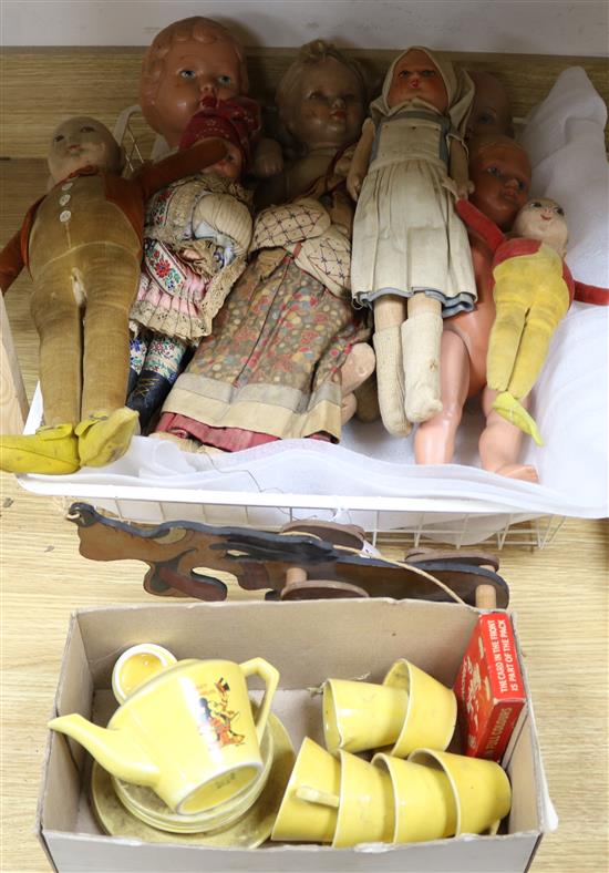 Three Norah Welling dolls, a Disney tea set and Pluto